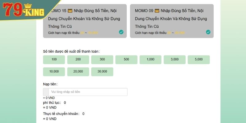 Hình thức nạp tiền 79King bằng ví điện tử